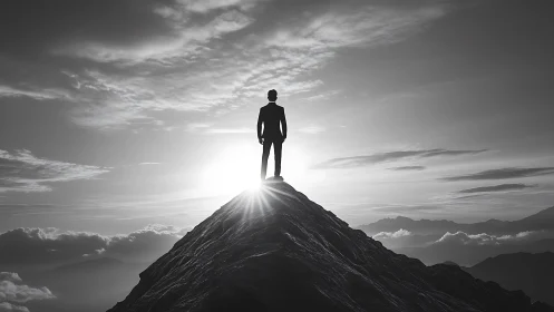 Business figure stands on mountain peak at sunrise.