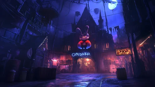 Neon bunny carnival square glowing under a haunted moon.