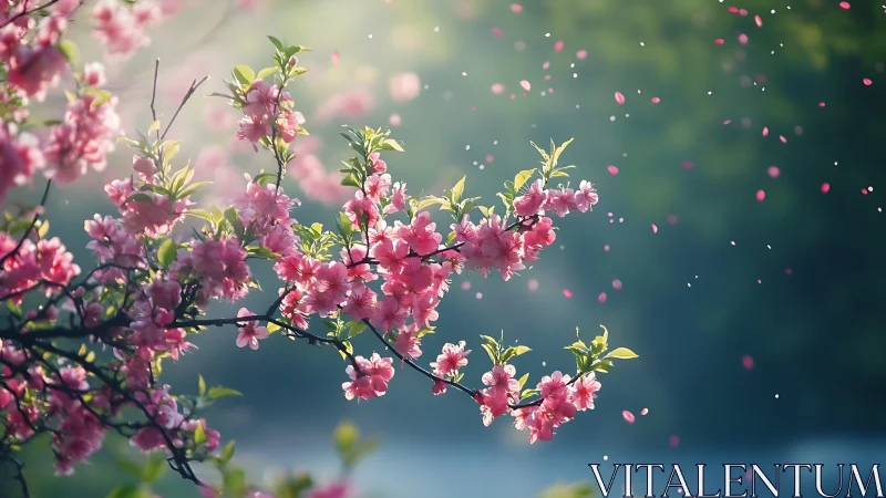 Pink blossoms drift through soft-focus garden light.