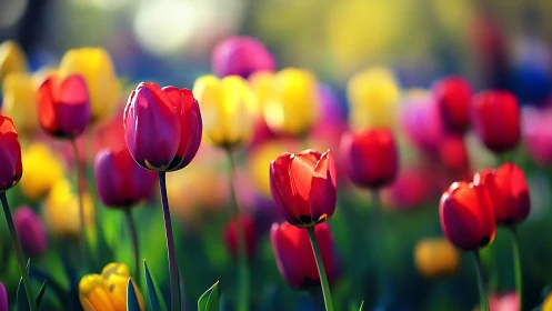 Vibrant Tulip Field with Red Blooms in Sharp Focus