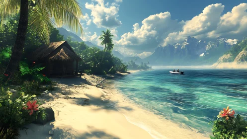 Tropical Beach Settlement with Mountain Valley and Boat