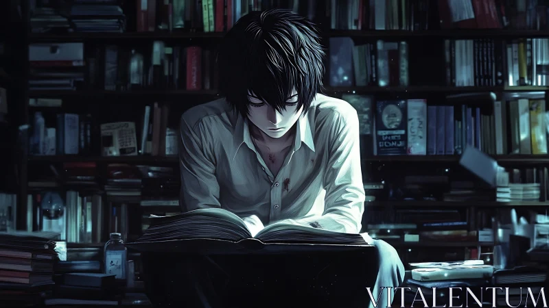 Midnight introvert decoding secrets in a haunted library.