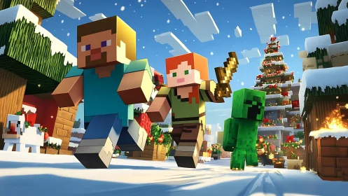Minecraft holiday adventure with festive winter village.