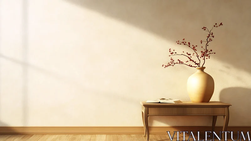 Sunlit wooden table with ceramic vase and open book