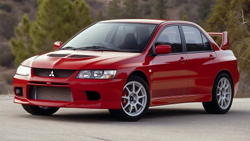 Red Mitsubishi Lancer Evolution sports sedan on mountain road.