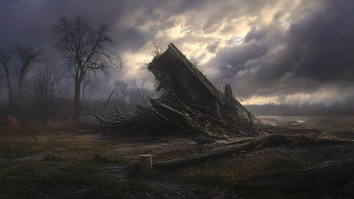 Stormlit ruin leans into a quiet, brooding autumn field