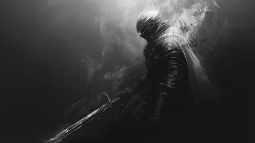 Armored knight holds sword amid swirling smoke in darkness