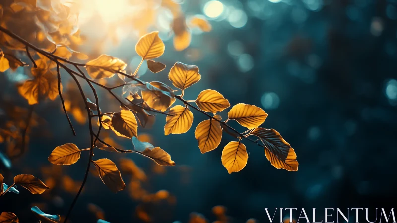 Golden autumn leaves on branch with dreamy bokeh background.