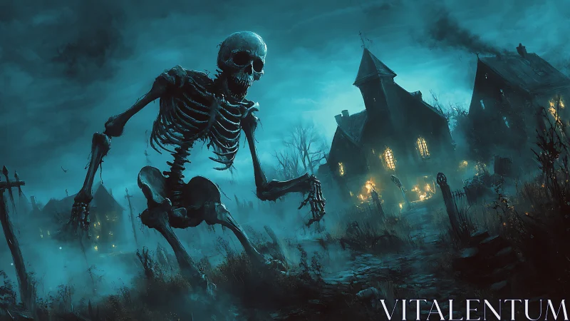Giant skeleton stalks a haunted village in eerie blue fog