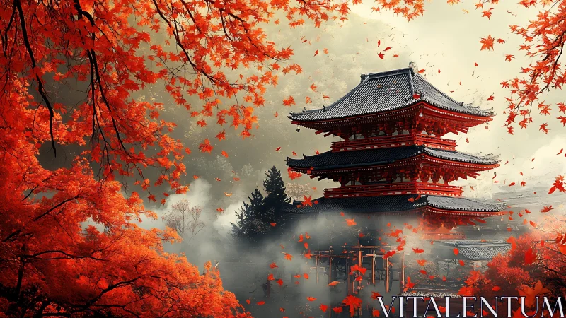 Japanese pagoda stands amid dense autumn foliage and mist