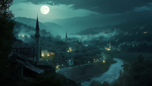 Moonlit riverside townscape presents layered nocturnal landscape