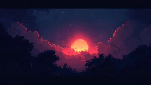 Crimson moonrise igniting clouds above shadowed forest horizon.