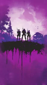 Three armed soldiers stand on dripping neon ridge silhouette