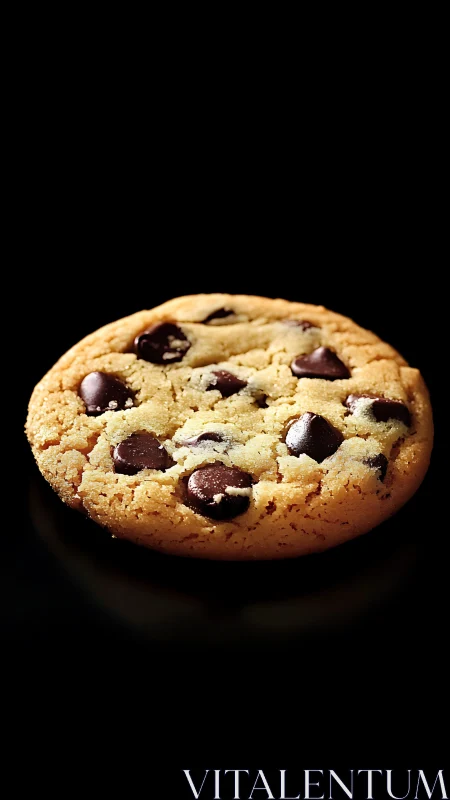 Single chocolate chip cookie rests on glossy black surface