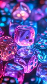 Neon glass dice glow in vibrant casino inspired bokeh light