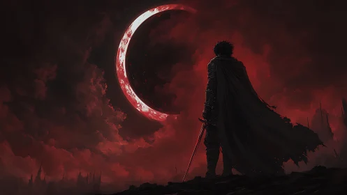 Cloaked swordsman stands before red eclipse over dark horizon
