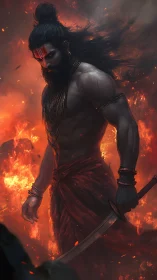 Warrior ascetic stands amid roaring firestorm with blade.