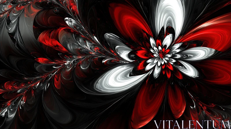 Fiery red and silver fractal flower unfolds in swirling motion