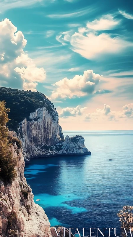 Sunlit seaside cliffs and tranquil turquoise cove invite daydreams.