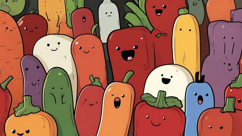 Cute cartoon vegetables with smiling faces clustered together.