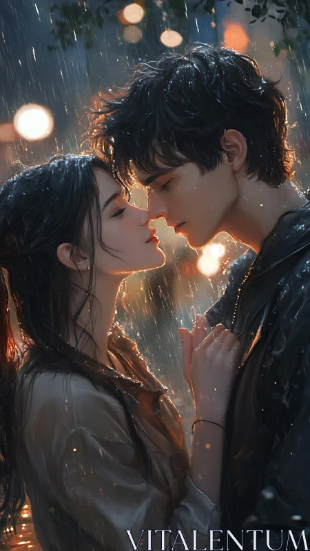 Intimate Moment in Rain with Golden Light Effects.