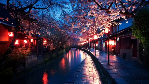 Lantern lit cherry blossom canal inviting an evening stroll.