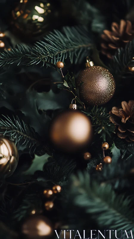 Golden baubles nestled in deep evergreen holiday branches.
