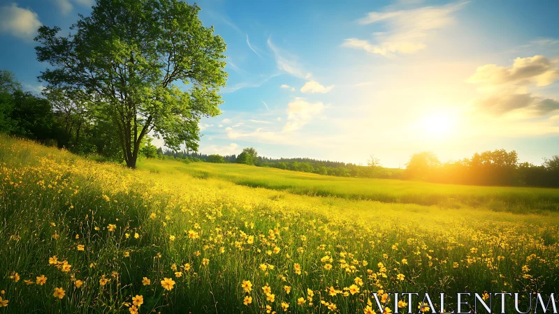 Golden meadow glows under radiant summer sunrise light.