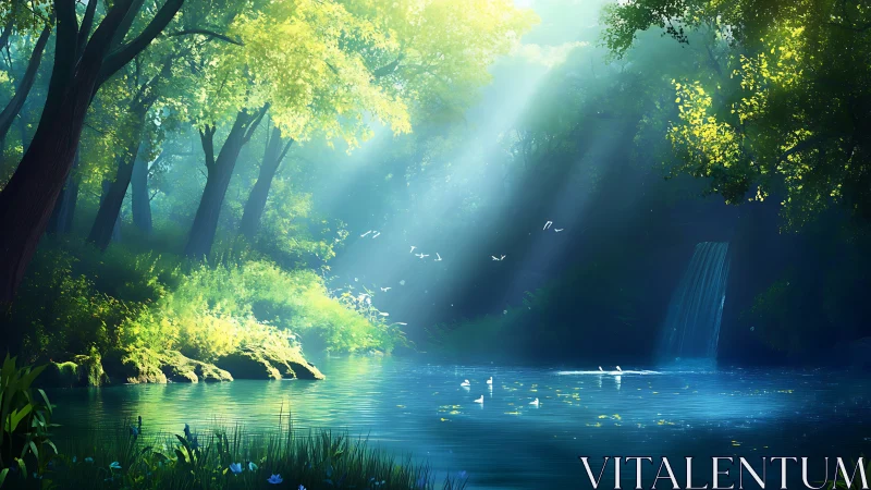 Enchanted Forest Lake Bathed in Golden Sunlight and Serenity