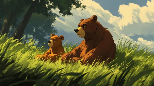Digital painting of bear family resting in sunlit forest meadow.