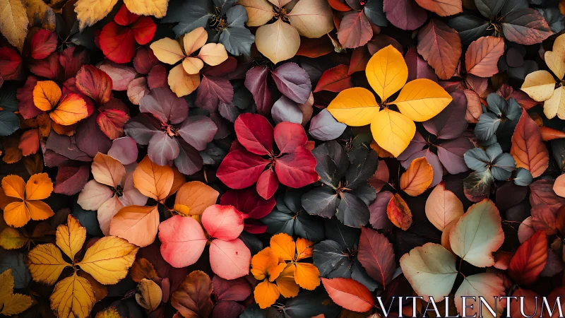 Colorful autumn leaves arranged in dense overlapping pattern.