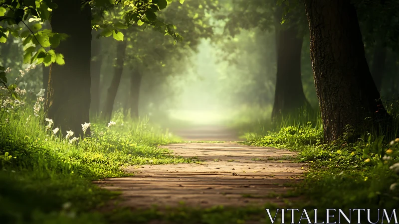 Sunlit Forest Pathway in Lush Greenery, Tranquil Nature Scene.