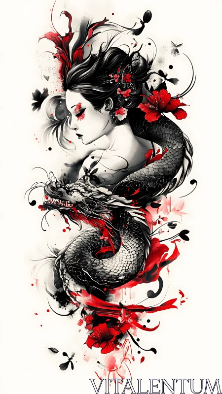Portrait of woman and coiled dragon in red and black ink.