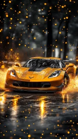 Yellow sports car moves through wet road with glowing particles