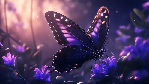 Violet butterfly rests on glowing flowers at dusk.