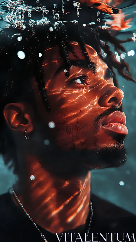 Underwater portrait with refracted light tracing the subject&rsquo;s face