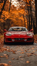 Crimson supercar prowls quietly through a golden autumn tunnel