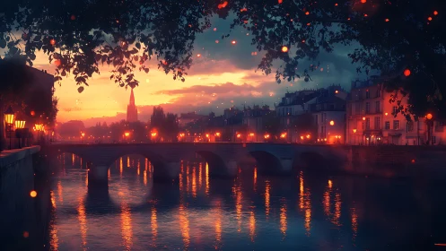 Urban river bridge at dusk with illuminated waterfront lights.