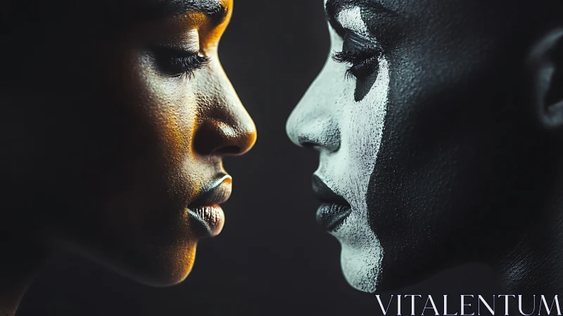 Two opposing profiles with natural and painted faces in contrast.