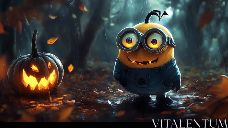 Minion-style creature explores stormy Halloween forest night.