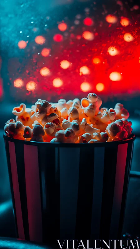 Striped popcorn bucket under neon cinema lighting.