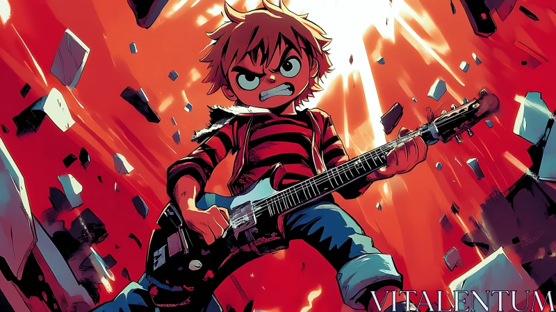 Rock guitarist boy blasting power chords in explosion scene.