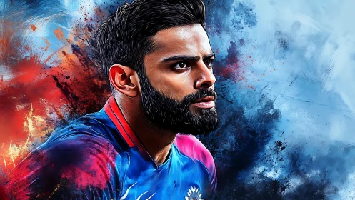 Cricket warrior gazes forward through an electric color storm