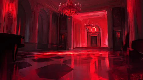 Crimson-lit palace hall glows with ominous chandeliers.