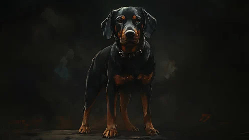 Low-key digital portrait of black and tan dog under controlled rim lighting