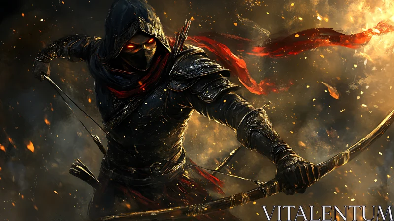 Hooded archer in armor draws a bow amid drifting embers