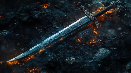 Ornate fantasy sword blade with luminous thermal gradient and intricate crossguard