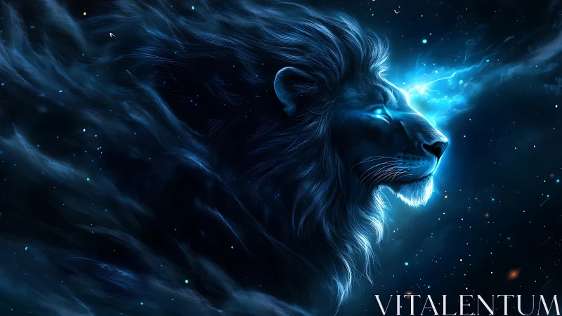 Cosmic plasma lion profile in nebular blue spectral glow.