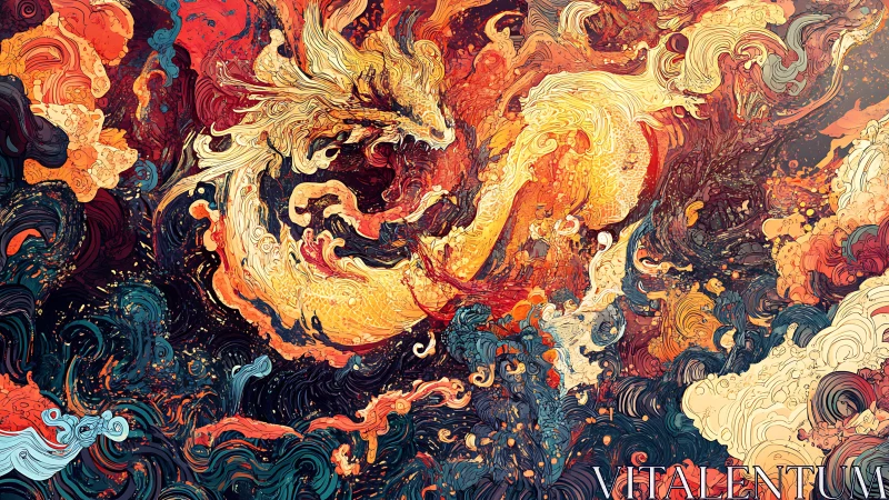 Celestial fire-dragon swirling through cosmic ink seas.