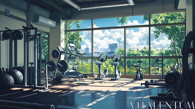 Sunlit fitness room shows cardio machines and weight racks